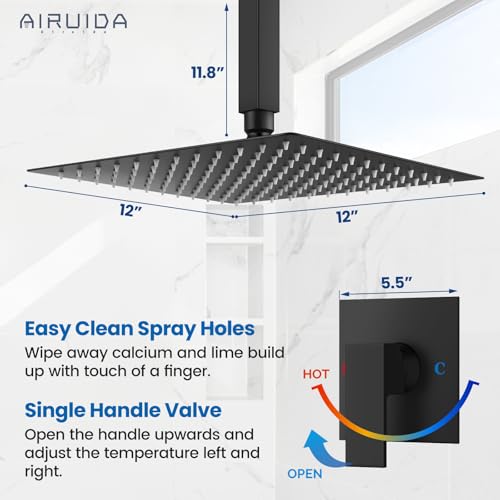 Airuida 12 Inch Matte Black Shower Faucet Set,Rainfall Shower System | Ceiling Shower Head,Male Thread Rough-in Valve,Ceiling Mount,Single Handle - color: Matte Black, size: 12 Inch