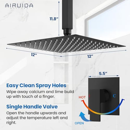 Airuida 12 Inch Matte Black Shower Faucet Set,Rainfall Shower System | Ceiling Shower Head,Male Thread Rough-in Valve,Ceiling Mount,Single Handle - color: Matte Black, size: 12 Inch