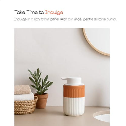 Hand Dipped Boho Ceramic Foam Dispenser 2 Pack, Terracotta White | Two Tone Ceramic Design, Rippled Cylinder, Soft Touch Silicone Pump, Organic Boho Style, Elegant Bathroom Counter Accent - color: Orange,white