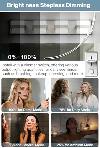 SOLFART Brushed-Nickel Bathroom Light Fixtures, 4 Lights Bathroom Vanity Light LED Vanity Lights Brushed-Nickel Vanity Lighting, Dimmable - color: Upgraded Brushed Nickel-6000K,100%-0% Dimmble Brightness, size: 4- Light,27Inch