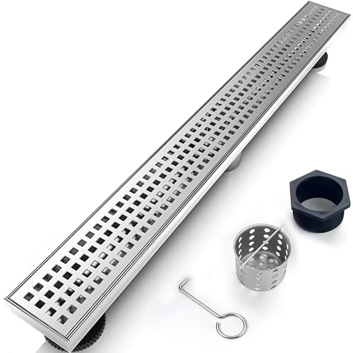 36 Inch Removable Cover Linear Shower Drain 304 Stainless Steel Rectangular Floor Drain for Kitchen Bathroom Square Hole Pattern Drain with Accessories Hair Strainer Adjustable Leveling Feet (Silver) - color: Silver, size: 36 Inch