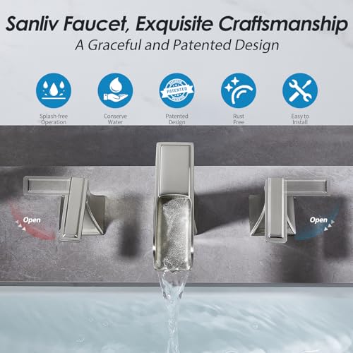 Brushed Nickel Bathroom Faucet, Sanliv Widespread Bathroom Faucet for 3-Hole Sinks 4-8 inch, 2-Handle Waterfall Vanity Faucets with Pop-Up Drain, Brushed Nickel - color: Brushed Nickel