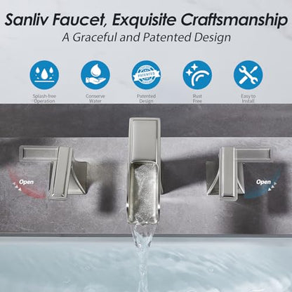 Brushed Nickel Bathroom Faucet, Sanliv Widespread Bathroom Faucet for 3-Hole Sinks 4-8 inch, 2-Handle Waterfall Vanity Faucets with Pop-Up Drain, Brushed Nickel - color: Brushed Nickel