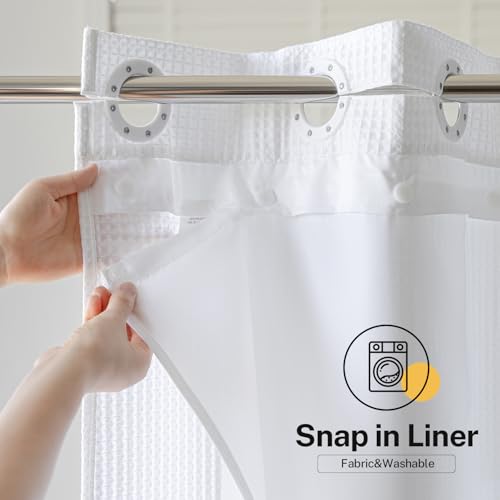 River Dream 36" W Stall Waffle No Hook Shower Curtain with Snap-in Liner,Cotton Blend Fabric Shower Curtain for Bathroom, White,36Wx74L