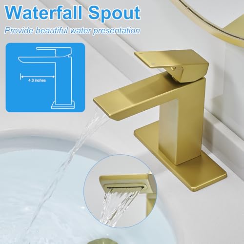 RUMOSE Bathroom Faucets 1 & 3 Hole Vanity Faucet with Drain Brushed Gold | Single Handle Bathroom Sink Faucet Set Waterfall Spout Kit with Deck Plate Rv Lavatory Basin Faucet, Stainless Steel - color: Brushed Gold