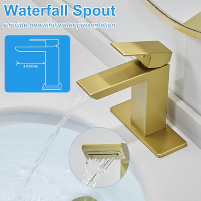RUMOSE Bathroom Faucets 1 & 3 Hole Vanity Faucet with Drain Brushed Gold | Single Handle Bathroom Sink Faucet Set Waterfall Spout Kit with Deck Plate Rv Lavatory Basin Faucet, Stainless Steel - color: Brushed Gold