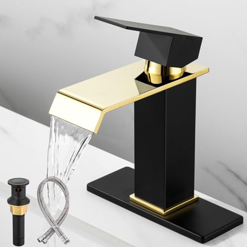 Bathroom Faucet Black & Gold Bathroom Sink Faucet Waterfall, Single Handle Vanity Faucet 1 Hole SUS304 Stainless Steel NSF PEX Tubing, CEC Certified, Pop-Up Drain & Supply Lines Included - color: Black and Gold, size: Short