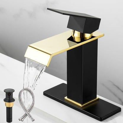 Bathroom Faucet Black & Gold Bathroom Sink Faucet Waterfall, Single Handle Vanity Faucet 1 Hole SUS304 Stainless Steel NSF PEX Tubing, CEC Certified, Pop-Up Drain & Supply Lines Included - color: Black and Gold, size: Short