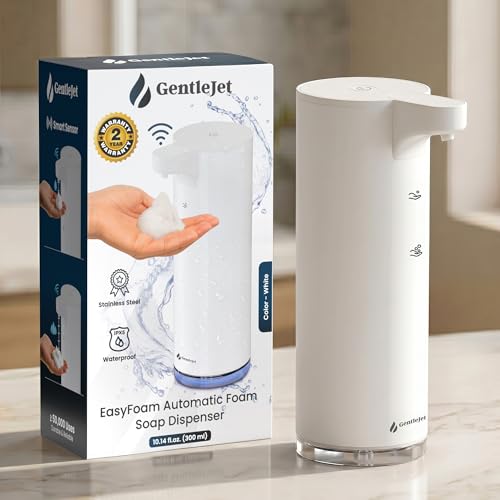 GentleJet EasyFoam Automatic Foaming Soap Dispenser, Touchless USB-C Rechargeable Sensor Pump, 304 Stainless Steel, Adjustable Foam, IPX5 Water-Resistant for Bathroom & Kitchen, 10 fl oz / 300 mL - color: White