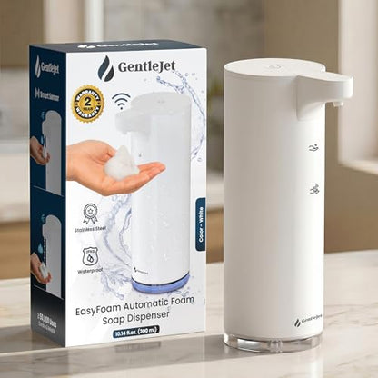 GentleJet EasyFoam Automatic Foaming Soap Dispenser, Touchless USB-C Rechargeable Sensor Pump, 304 Stainless Steel, Adjustable Foam, IPX5 Water-Resistant for Bathroom & Kitchen, 10 fl oz / 300 mL - color: White
