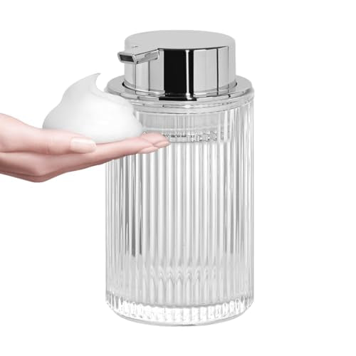 Foaming Soap Dispenser, Clear Glass Foam Soap Dispenser, 12 Oz Refillable Glass Foam Pump Bottle Container Decorative Slim Ribbed Bottle for Bathroom and Kitchen