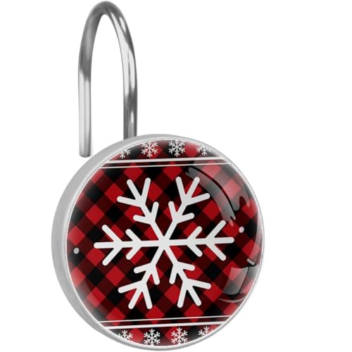 Christmas Winter Snowflake Pattern Red Black Buffalo Check Plaid Decorative Shower Curtain Hooks Rings Set of 12 Hooks for Shower Curtain Rustproof Curtain Rings for Bathroom - color: Zws10