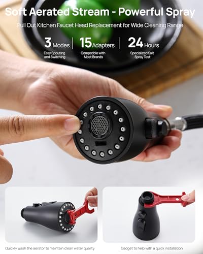 J-HVA Pull Down Kitchen Faucet Sprayer Head Replacement Part, Matte Black | with 15 Connectors, 3 Function Pull Out Sink Sprayer Replacement Nozzle, Kitchen Faucet Head Hose Spray Tap Spout - color: Matte Black