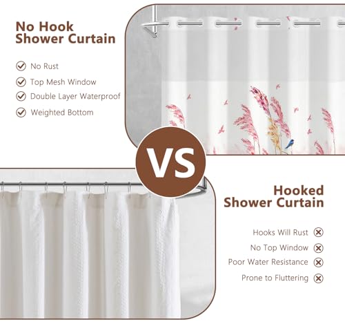 Hook Free Shower Curtain with Liner, Hotel Style Double-Layer Waterproof Pink Shower Curtain with Breathable Vent Window and Weighted Hem, Farmhouse Pastel Reed Bath Curtain, 71x74 Inches - color: Heron in Reed