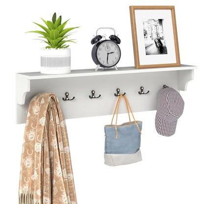 GIANTEX Coat Rack Wall Mount, 31.5" Wooden Coat Hooks with Shelf, White | Wall Clothes Rack w/ 6 Dual Hooks for Hats Towels Purses Robes, Floating Display Shelf for Living Room Bedroom Entryway - color: White