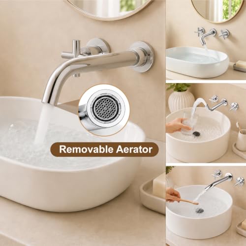 Midanya Wall Mount Bathroom Faucet 3 Hole 2 Cross Handle,Polish Chrome | SUS304 Stainless Steel,Rough-in Valve Included,360° Swivel Spout,for Bathroom Sink,Vanity - color: Polish Chrome