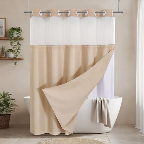 No Hooks Beige Boho Faux Linen Shower Curtain with Snap-in Liner Set, Textured Hotel Luxury Bathroom Curtain with See Through Top Window, Waterproof & Washable, 72x72 inches - color: Beige, size: 72"W x 72"L (Pack of 1), style: No Hooks