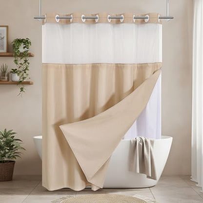 No Hooks Beige Boho Faux Linen Shower Curtain with Snap-in Liner Set, Textured Hotel Luxury Bathroom Curtain with See Through Top Window, Waterproof & Washable, 72x72 inches - color: Beige, size: 72"W x 72"L (Pack of 1), style: No Hooks