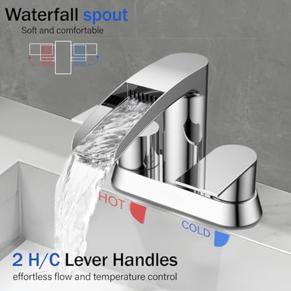 Bathroom Sink Faucet for 3 Hole, Hurran 4 Inch Bathroom Faucets with Pop-up Drain, Stainless Steel 2-Handle Waterfall Faucet for Bathroom Sink, Chrome - color: Chrome