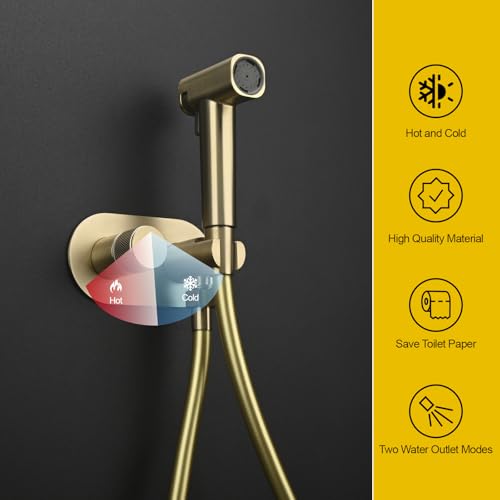 Handheld Bidet Sprayer Set Concealed Hot and Cold Bidet Spray for Toilet with Brass Valve Warm Water Round Bidet Attachment Set for Feminine Hygiene, Pets and Baby Diaper Wash, Brushed Gold