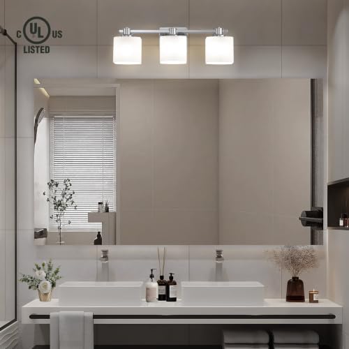 23 Inch Chrome Bathroom Light Fixtures Over Mirror 3 Light Bathroom Vanity Light Silver Modern Industrial Makeup Lighting Wall Sconce Shower Farmhouse Rustic Milk Glass Lamp Above Desk Sink - color: Polished Chrome, size: 23 Inches