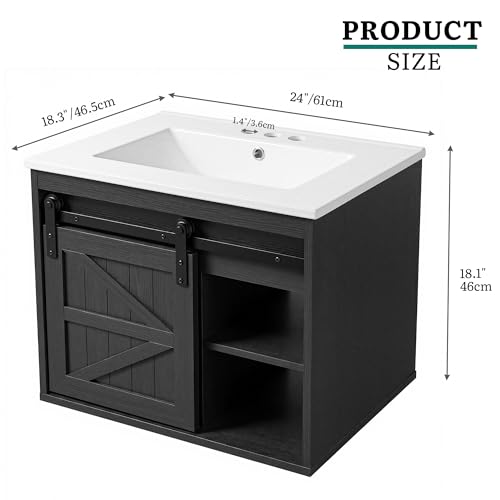 DWVO 24" LED Bathroom Vanity with Sink | Farmhouse Sliding Barn Door Bathroom Cabinet, Bathroom Vanities, Wall Mounted Floating Cabinet - color: Black, size: 24 Inch