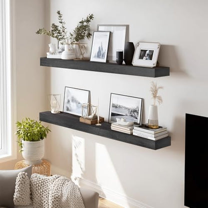 Solid Wood Floating Shelves, 36 Inch Wall Shelves, Set of 2, Black | 8 Inch Deep, 1.6 Inch Thick, Extra-Wide Display Space, Mounting Hardware Included, For Kitchen, Bathroom and Living Room - color: Black, size: 36x8x1.6
