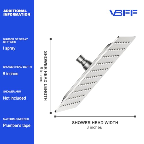 VBFF-Shower Head,rain shower head, 8 inch- Square Shower Head, 1.8 GPM Flow Rate, rainfall showerhead,VBFF07 (Brushed Nickel) - color: Brushed Nickel, size: 8 Inch