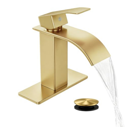 Waterfall Single Handle Bathroom Sink Faucet with Drain Gold | Brushed Gold Vanity Faucet with Pop-up Drain, Ceramic Valve, for 1 or 3 Hole Modern Bathrooms. - color: Light Gold