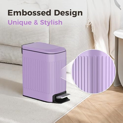 TrashAid 1.6Gal Slim Bathroom Trash Can with Lid Soft Close & Pedal, Purple | Removable Inner Bucket, Stainless Steel Garbage Can, Small Wastebasket for Toilet/Office/Bedroom, Retro Design, Odor Control - color: Purple