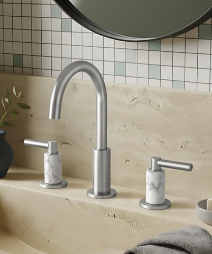 KES Natural Italian Carrara Marble Brushed Nickel Bathroom Faucet 3 Hole with All Metal Pop Up Sink Drain, 8 Inch Widespread Bathroom Sink Faucet for Vanity, 360° Swivel Spout, 18/8 Stainless Steel - color: Brushed Nickel