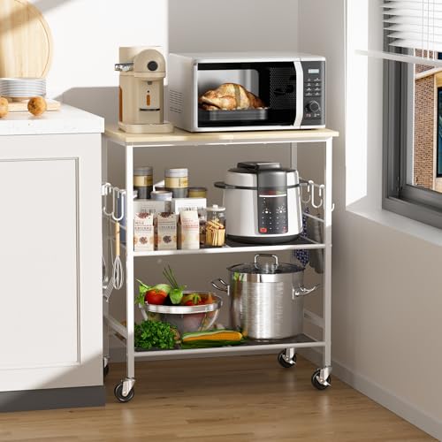 NTE Rolling Kitchen Microwave Cart, 3 Tier Microwave Stand with Storage, Small Kitchen Island on Wheels, Kitchen Storage Cart with 6 Hooks for Kitchen, Coffee Bar, Living Room, Balcony - color: White