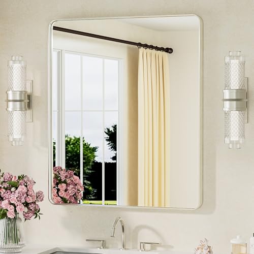 TETOTE Brushed Nickel Bathroom Mirror 30 x 36 Brushed Nickel Metal Framed Bathroom Mirror, Tempered Glass, Modern Farmhouse Wall Mounted Mirror for Decorative(Horizontal/Vertical) - color: Brushed Nickel, size: 36"L x 30"W