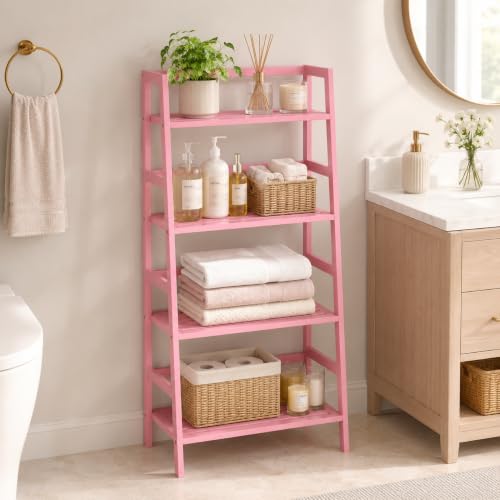 Bamboo Ladder Bookshelf, 4-Tier Ladder Shelf Open Book Shelf Freestanding Bookcase Bathroom Storage Rack Plant Stand for Living Room, Bedroom, Office, Easy Assembly, Pink - color: Pink
