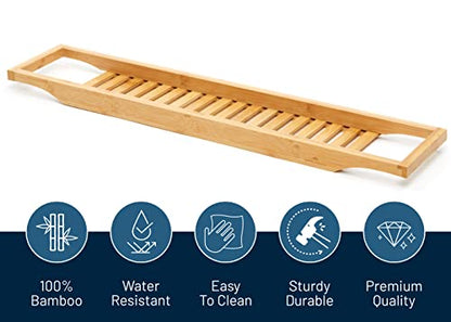 RoyalHouse Bamboo Bath Caddy Tray for Bathtub, Bath Table Tray with Book and Wine Glass Holder, Attractive Design, Suitable for Luxury Spa or Reading, Ideal Gift for Family & Friends - size: 29" x 6" x 1.5"