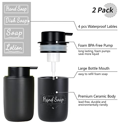 BosilunLife Foaming Soap Dispenser Set - Black Ceramic Foam Hand Dispenser | 12oz Soap Dispenser Set with Rust Proof Pump, 4Pcs Clear Stickers for Kitchen, Bathroom - 2 Pack - color: Black-foam Pump