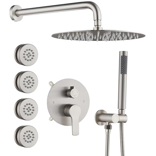 Iriber Brushed Nickel Round Rain Shower System with 4 PCS Body Jets 3 Function Shower Faucet Set Contain 12 Inch Shower Head and Handheld Wall Mounted Pressure Balance Shower Trim Kit (Valve Included) - color: Brushed Nickel 04
