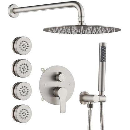 Iriber Brushed Nickel Round Rain Shower System with 4 PCS Body Jets 3 Function Shower Faucet Set Contain 12 Inch Shower Head and Handheld Wall Mounted Pressure Balance Shower Trim Kit (Valve Included) - color: Brushed Nickel 04