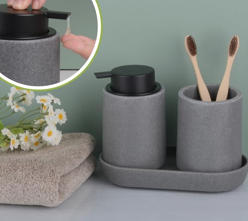 Clasin Home Grey Bathroom Accessories Set, 3 Pcs Resin Bathroom Accessories Complete Set, Sandstone Look Soap Dispenser with Large Pump, Toothbrush Cup, Soap Dish for Modern Home Decor and Kitchen