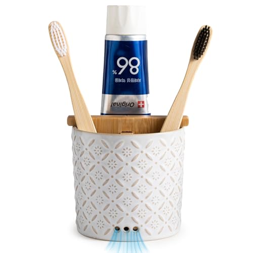 Zoeeker Toothbrush Holders, Ceramic Electric Toothbrush & Toothpaste Holder | Detachable 3 Slots Tooth Brush Cup with Drain Holes & Bamboo Divider, Makeup Brush Storage Holder for Bathroom, Family, Kids - color: White