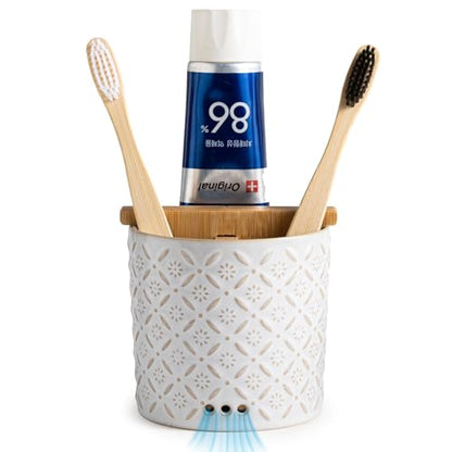 Zoeeker Toothbrush Holders, Ceramic Electric Toothbrush & Toothpaste Holder | Detachable 3 Slots Tooth Brush Cup with Drain Holes & Bamboo Divider, Makeup Brush Storage Holder for Bathroom, Family, Kids - color: White