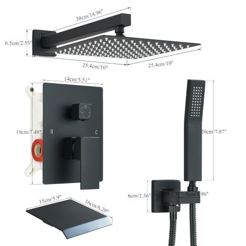 Matte Black Shower System with Tub Spout,All Metal Bathtub Shower Faucet Set With 10-Inch High Pressure Rainfall Head and Handheld Sprayer,Wall Mount for Bathroom Remodel - color: Matte Black, size: 10" with spout