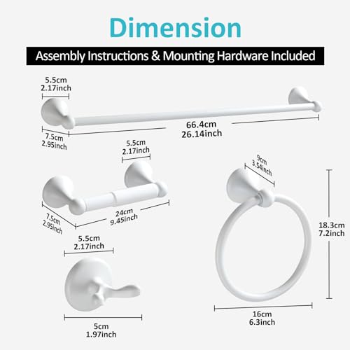 BGL Bathroom Accessories Set, White Paint Expandable Towel Bar 4-Piece Bathroom Accessory Set Wall Mounted Towel Ring Robe Hook Toilet Paper Holder Towel Holder - color: White
