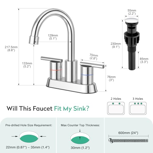 Faustina Polished Chrome Bathroom Faucet, 4 Inch Centerset Bathroom Faucet for Sink 2 Holes 3 Holes，Two Handles 304 Stainless Steel Faucet with Pup up Drain and 2 Water Supply Lines for RV Vanity - color: Chrome, style: Modern Centerset