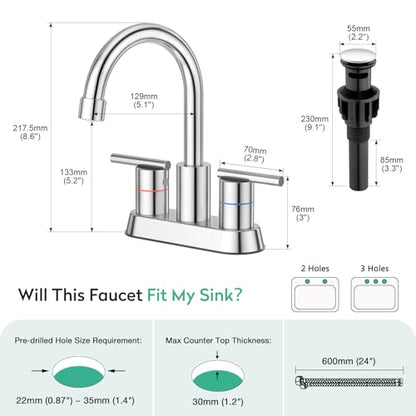 Faustina Polished Chrome Bathroom Faucet, 4 Inch Centerset Bathroom Faucet for Sink 2 Holes 3 Holes，Two Handles 304 Stainless Steel Faucet with Pup up Drain and 2 Water Supply Lines for RV Vanity - color: Chrome, style: Modern Centerset