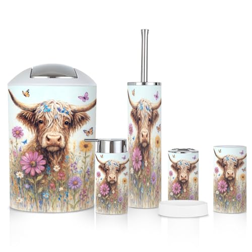 6 Piece Bathroom Accessories Set Highland Cow Rustic Farmhouse Animal Nature Flower Landscape Abstract Trash can Toilet Brush Holder Toothbrush Holder Toothbrush Cup Soap Dispenser Soap Dish Boho