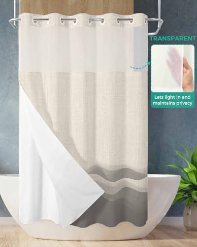 No Hook Shower Curtain and Snap in Liner Set, Grey Beige Ombre Bathroom Stall Shower Curtains 36x72 Inch, See Through Mesh Top Window, Minimalist Ocean Waves Linen Hotel Style, Washable Waterproof - size: 36"W x 72"L (Pack of 1)