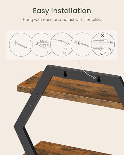 Hexagon Floating Shelves for Wall, Set of 2, 2 -Tier Hanging Shelves, Wall Mounted Storage Shelves, for Living Room, Bedroom, Kitchen, Home Office, Study, Rustic Brown and Black TBJ06P2BF - color: Rustic Brown + Black