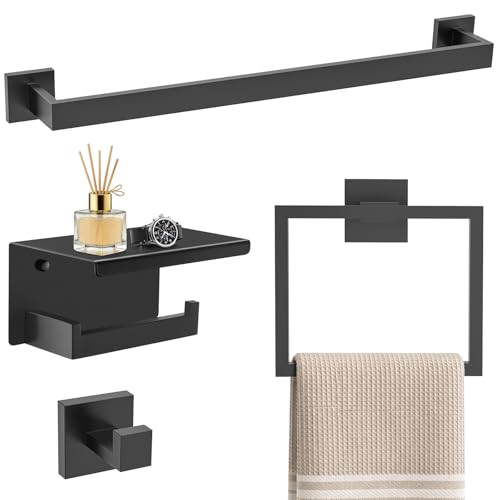 TURS Bathroom Hardware Set Black 4-Piece Towel Bar Set Include 24 Inch Towel Bar Towel Ring Towel Hook Toilet Paper Holder with Shelf Wall Mounted. - color: Matte Black, size: Set C