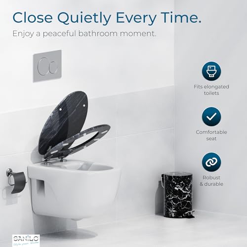SANILO Wooden Toilet Seat with Soft Close [ELONGATED] - Decorative, Quiet & Slow Close Molded Wood Seat - With Strong Bumpers & Hinges - Adjustable Fit - Granite - color: Granite